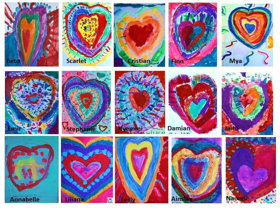 Beautiful third grade concentric  heart shape creations made with oil pastel, tempera and acrylic paint.