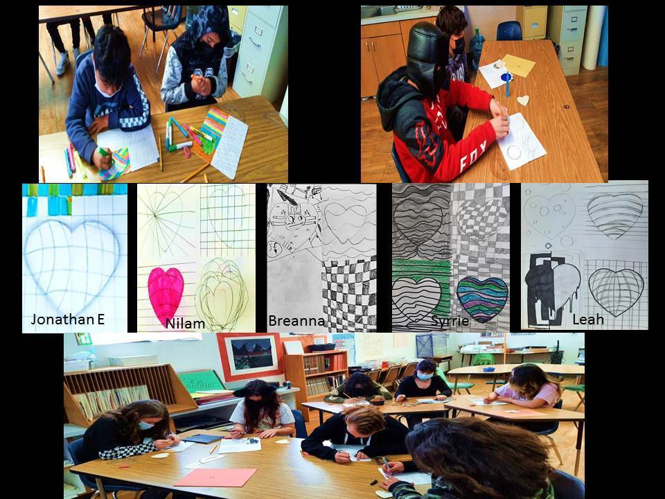 Sixth Grade Art Class creating Optical Art (Op Art)heart designs